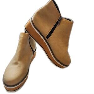 Faux Leather Camel Colored Side Zip Platform Booties, No Tag, Fits 8-9